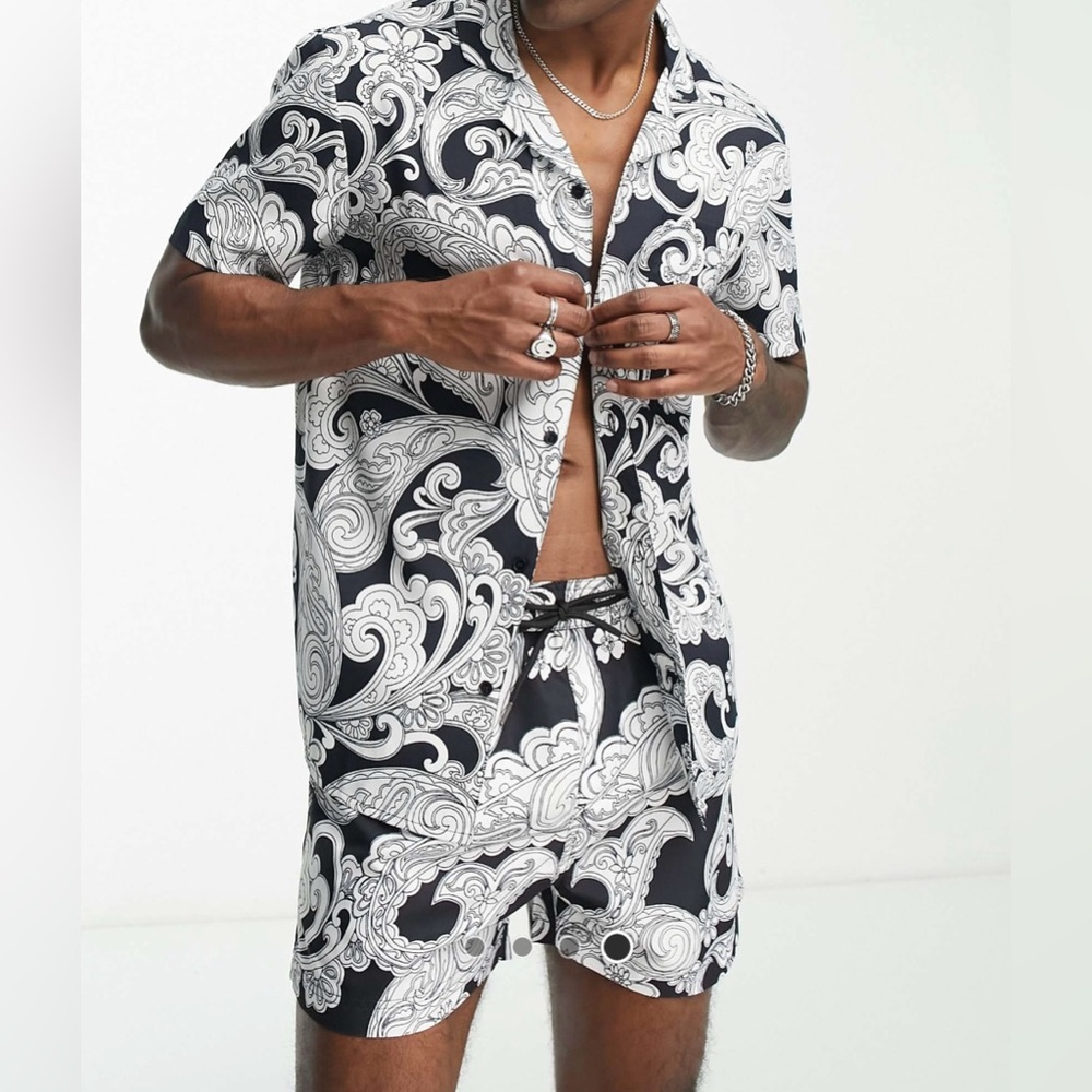 Another influence paisley print swimming shirt and shorts.